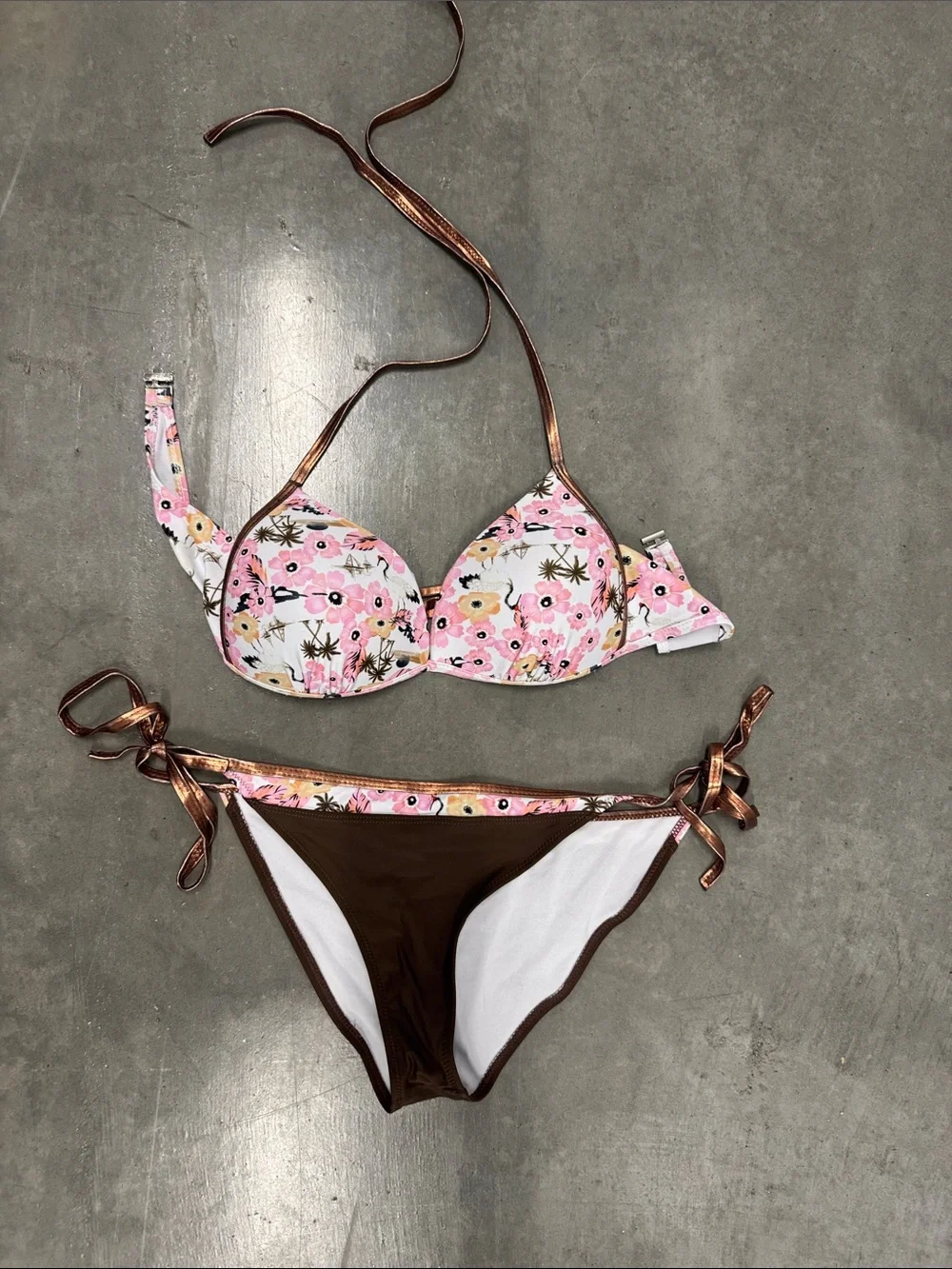 Floral Pink & Brown Women’s Tie-Side Bikini - Unbranded